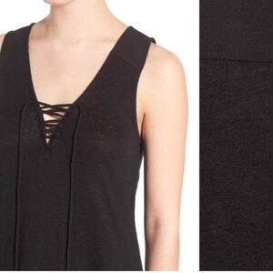 Like-New Sanctuary Linen Lace Up Blouse Top Black, Size medium